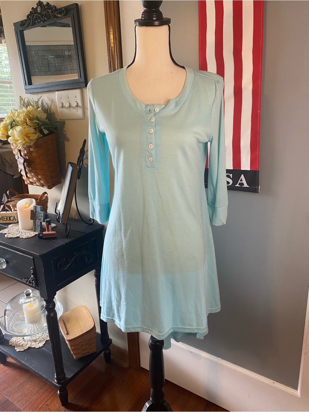 Zanzea Light Aqua Button-Front Henley Tunic